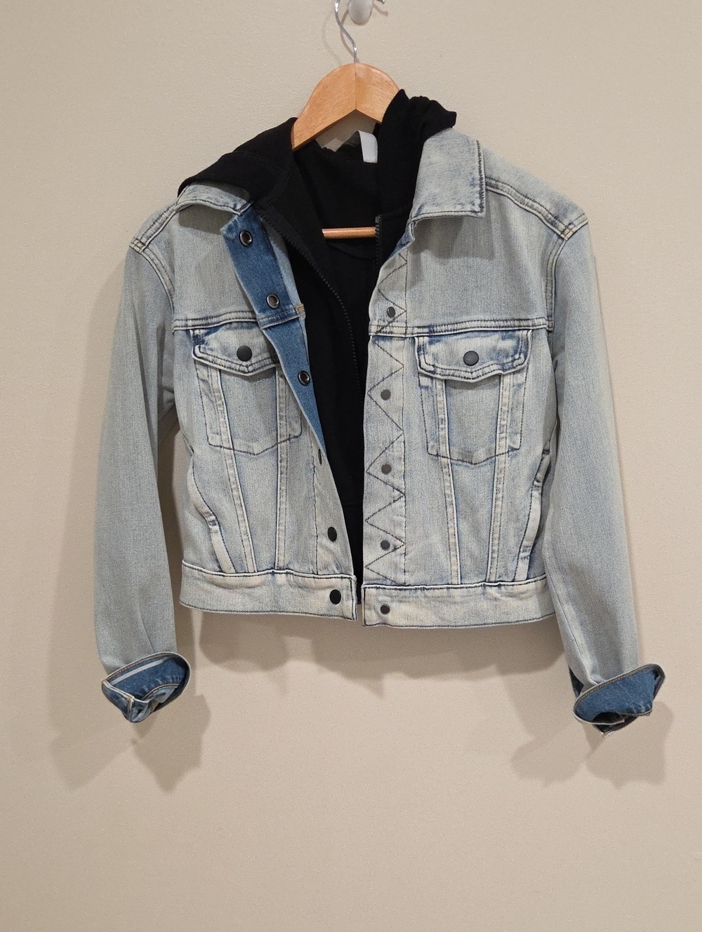 Athleta Light Blue Denim Jacket with Black Hoodie Insert